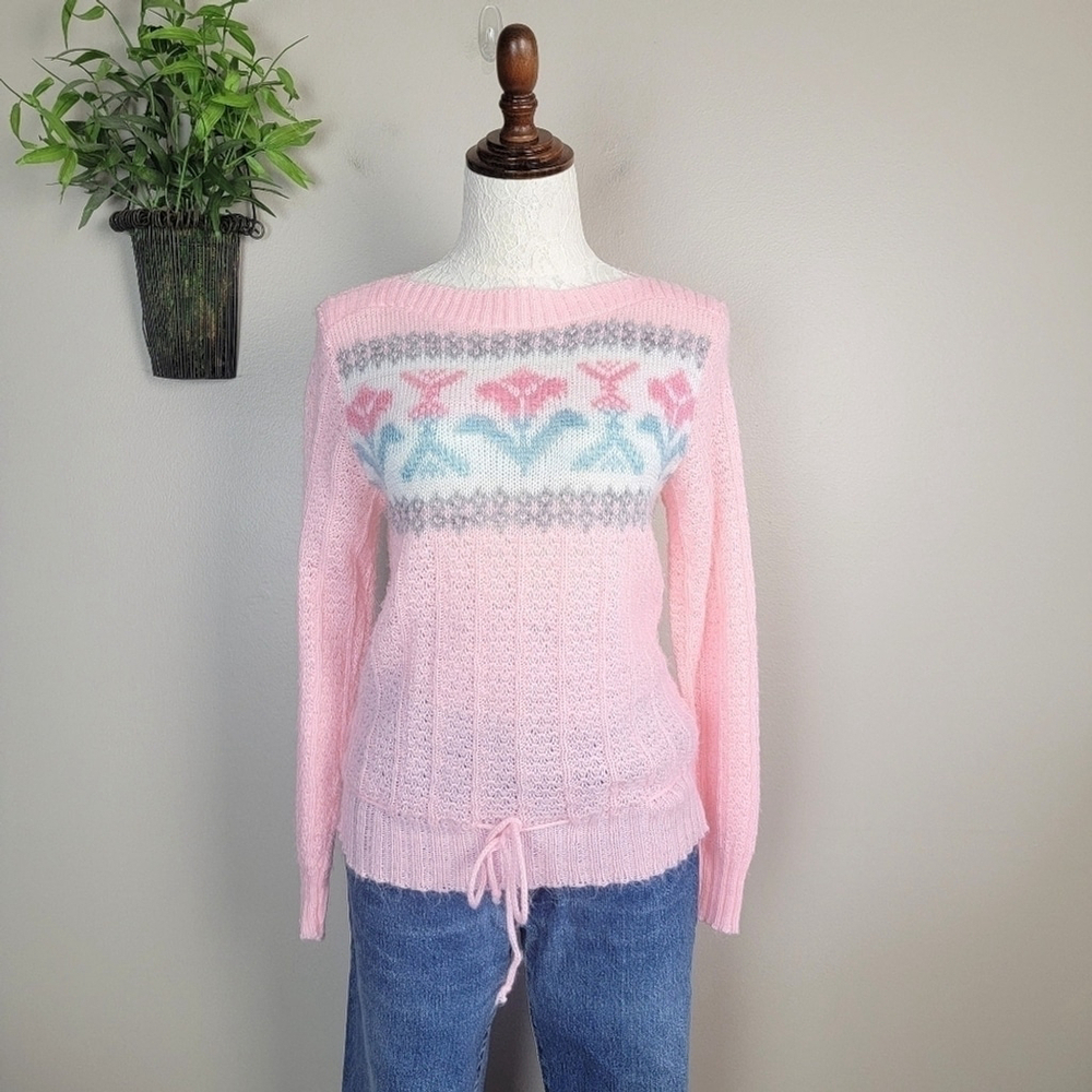 Vintage 80s Veronica Mademoiselle Knitwear Floral Sweater Knit Boat Neck Pink S